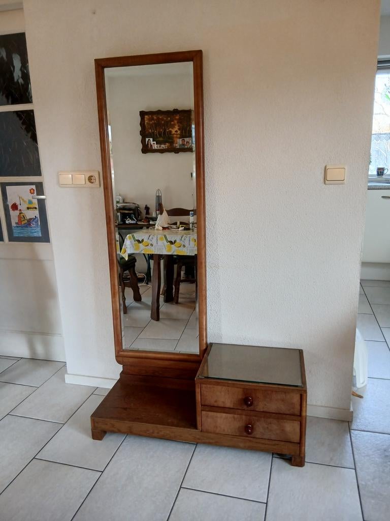 Antieke Draaibare hal spiegel met kastje en twee bijbehorend, Antiek en Kunst, Ophalen