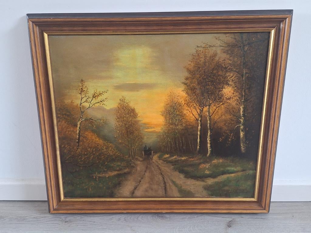 Gouden lijst, landschap met koets, gedateerd 28-9-81, Antiek en Kunst, Ophalen of Verzenden
