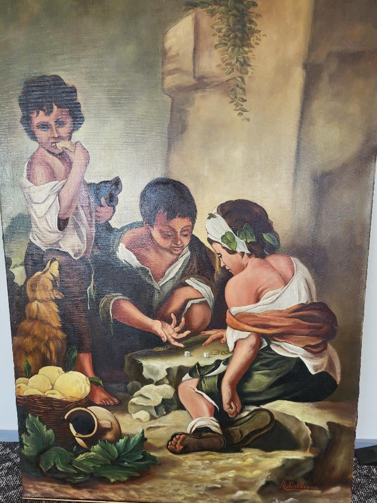 Monumentaal klassiek schilderij - Murillo Spelende jongens, Antiek en Kunst, Ophalen of Verzenden