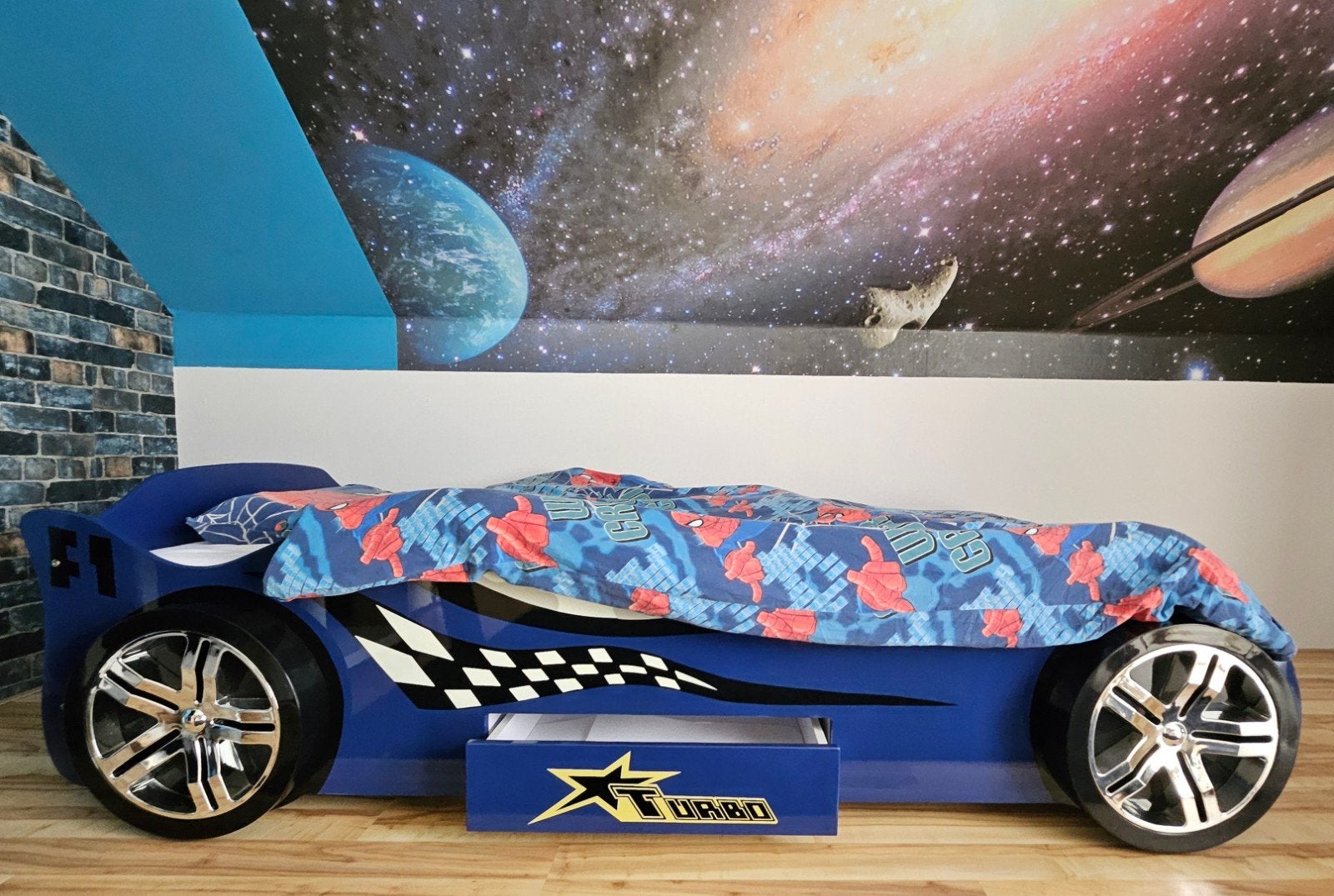 Autobed Turbo 90x200 Blauw, Kinderen en Baby's, Ophalen, 85 tot 100 cm, Gebruikt, Lattenbodem