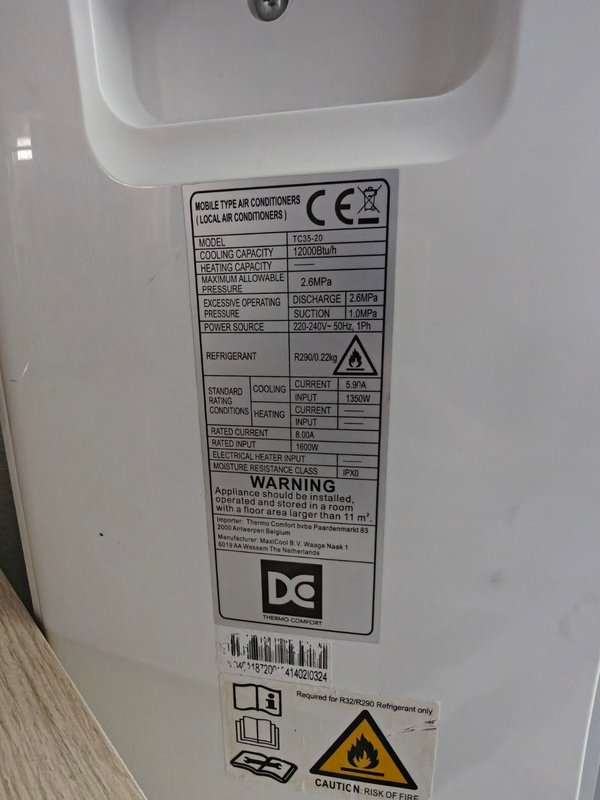 Mobiele airco DG Thermo Comfort 12000 BTU, Ophalen, Timer, 3 snelheden of meer, Zo goed als nieuw