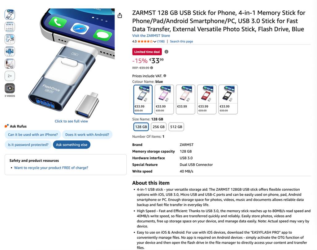 Flash Drive 4-in-1 Multi-functies USB Stick voor iPhone/Andr, Ophalen, Nieuw, 32 GB