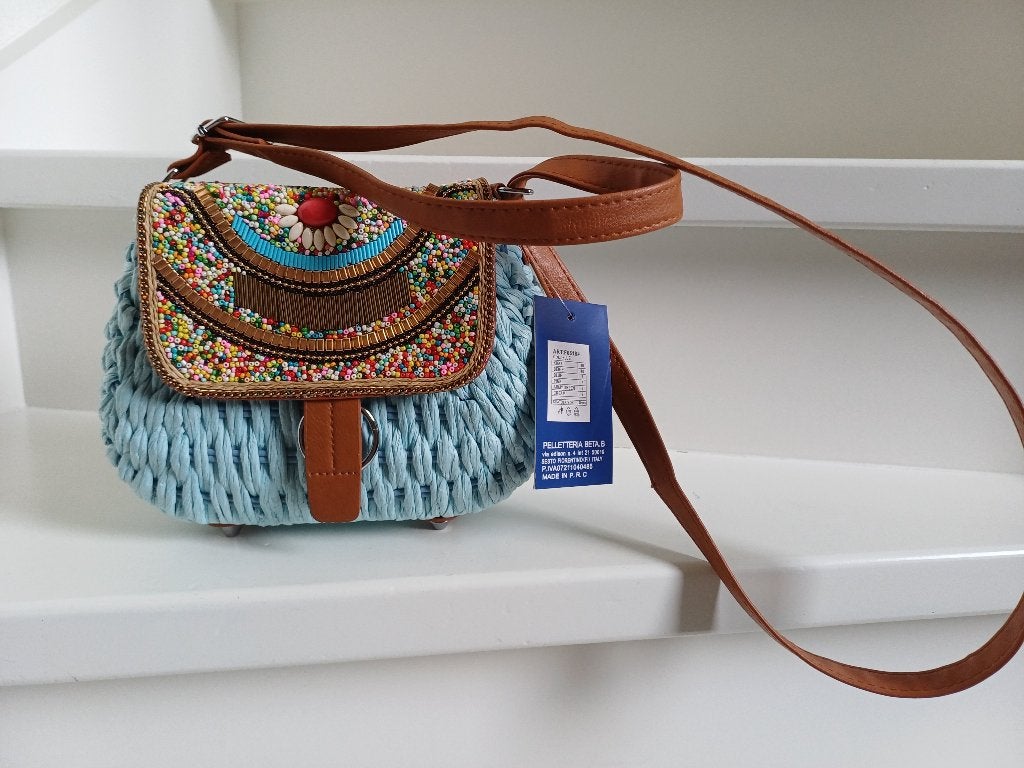 TAS LICHTBLAUW GEVLOCHTEN NIEUW MET KAARTJE ER NOG AAN, Ophalen of Verzenden, Nieuw, Blauw, Handtas
