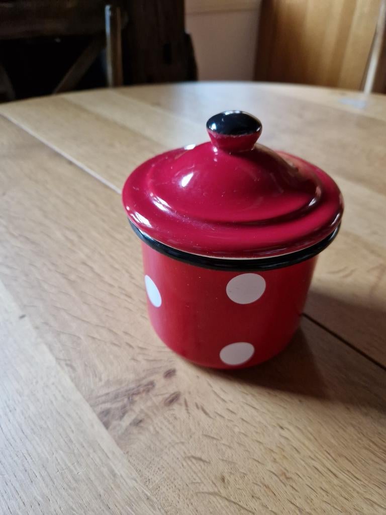 ROOD MET WITTE STIPPEN 🍄 POLKADOT EMAILLE VOORRRAADPOT, Antiek en Kunst, Antiek | Emaille, Ophalen of Verzenden