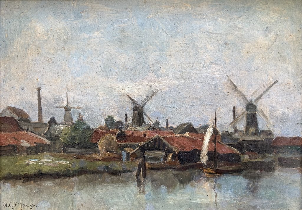 Hollandse school (XX) -Dorpsgezicht aan water met molens, Antiek en Kunst, Paneel, Ophalen of Verzenden, Gesigneerd, Landschap
