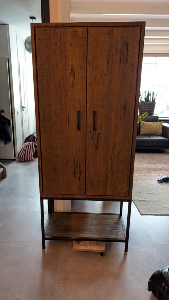 2 deurs kast teak staal, Huis en Inrichting, Kasten | Buffetkasten, Ophalen, 25 tot 50 cm, 50 tot 100 cm, 150 tot 200 cm