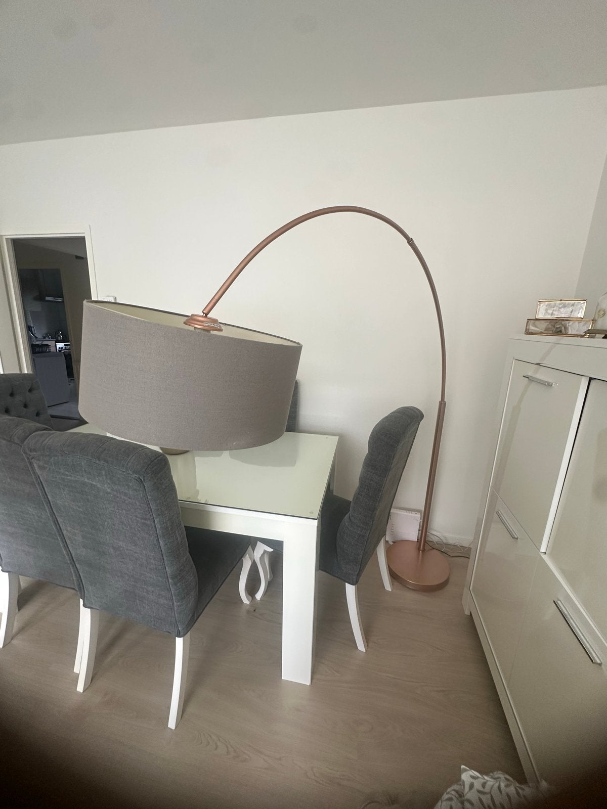 Moderne booglamp met stoffen kap - Koperkleurig, Ophalen, Gebruikt, 200 cm of meer, E27 (groot)