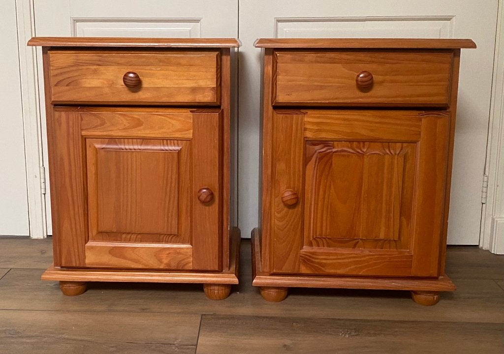 2 houten nachtkastjes, Ophalen, Gebruikt, Minder dan 45 cm, 55 tot 70 cm