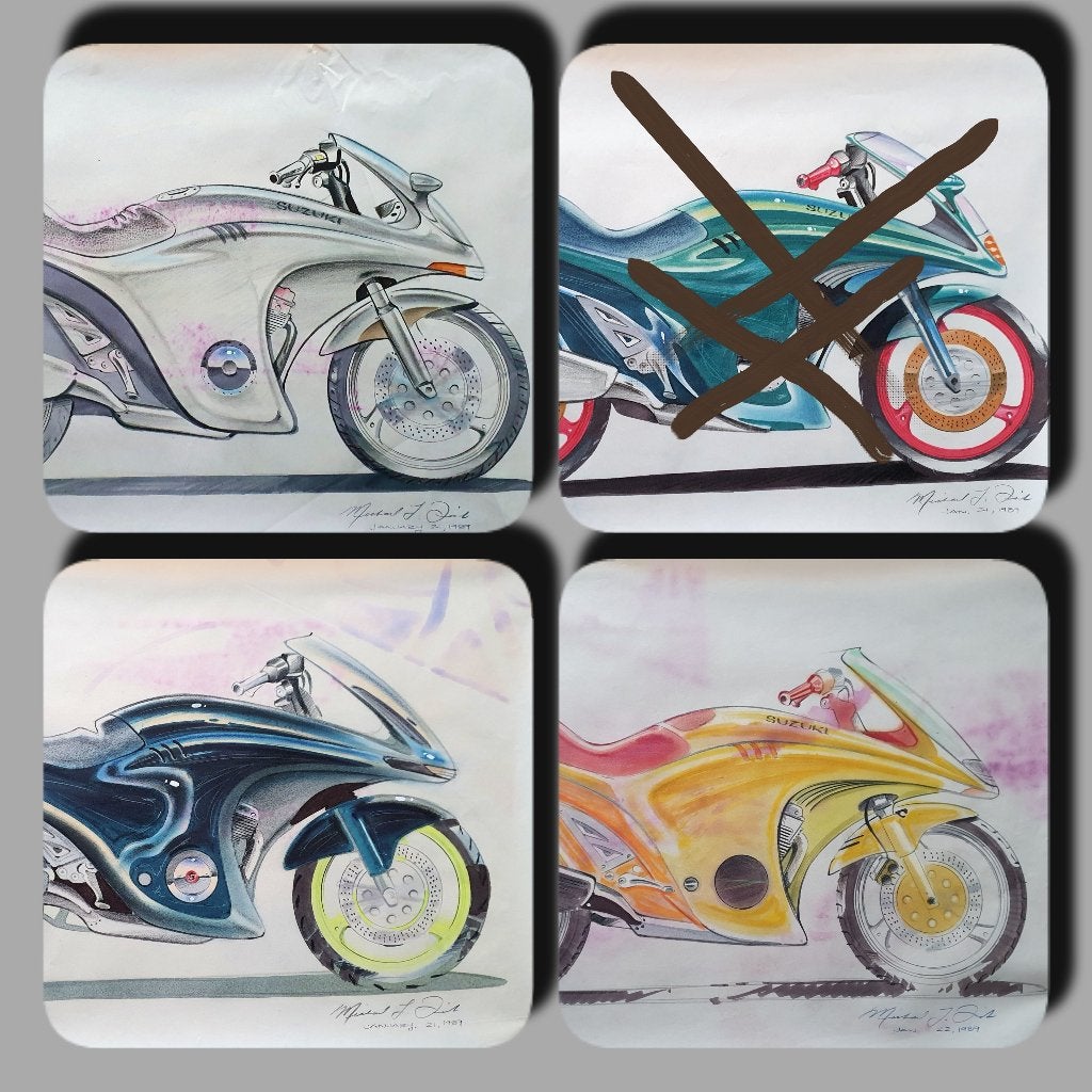 Handgetekende ontwerpen van Suzuki motoren, Verzenden, Rechthoekig Liggend, Zo goed als nieuw, A1 t/m A3