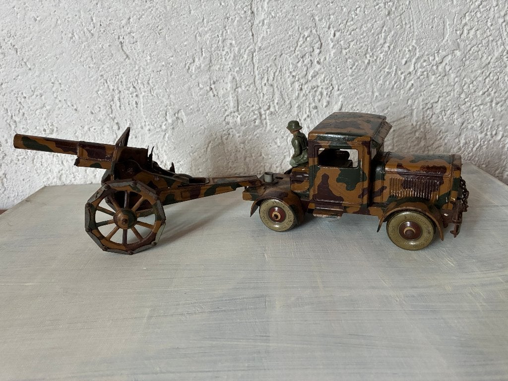Vintage antiek Tippco Elastolin truck met kanon, Ophalen of Verzenden