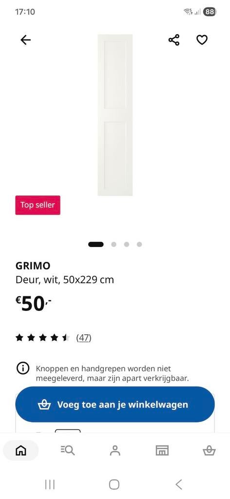 IKEA Pax Kastdeur Grimo Wit 50x229 cm met Scharnieren, Overige materialen, Minder dan 50 cm, Gebruikt, 200 cm of meer