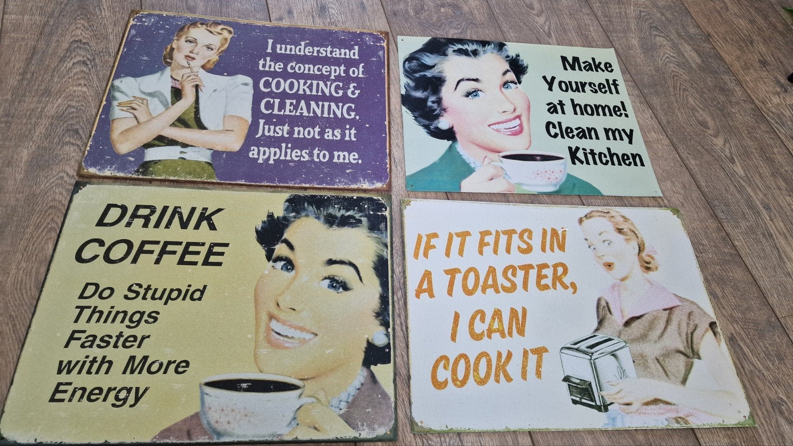 Set van 4 retro emaille/blikken borden met grappige teksten, Antiek en Kunst, Ophalen of Verzenden