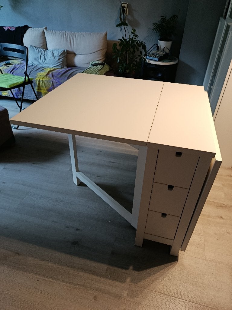 Uitschuifbare eettafel met lades - wit, Ophalen, Overige materialen, Gebruikt, 100 tot 150 cm