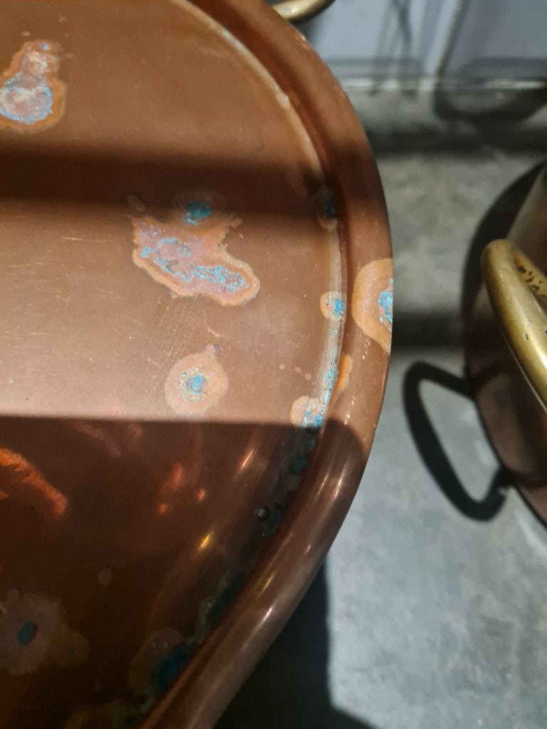 Antieke koperen pan met deksel, Gebruikt, Overige typen, Belle Vieille Brocante, Ophalen of Verzenden