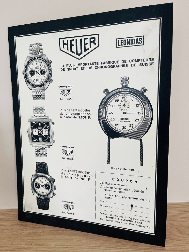 Vintage Heuer / Leonidas horloge reclame affiche - bord, Ophalen of Verzenden, Gebruikt, Reclamebord