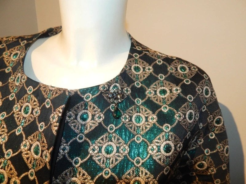 Max Mara beeldschone jas goud groen glinster broche D42, Maat 42/44 (L), Zo goed als nieuw, 's Max Mara, Meerkleurig