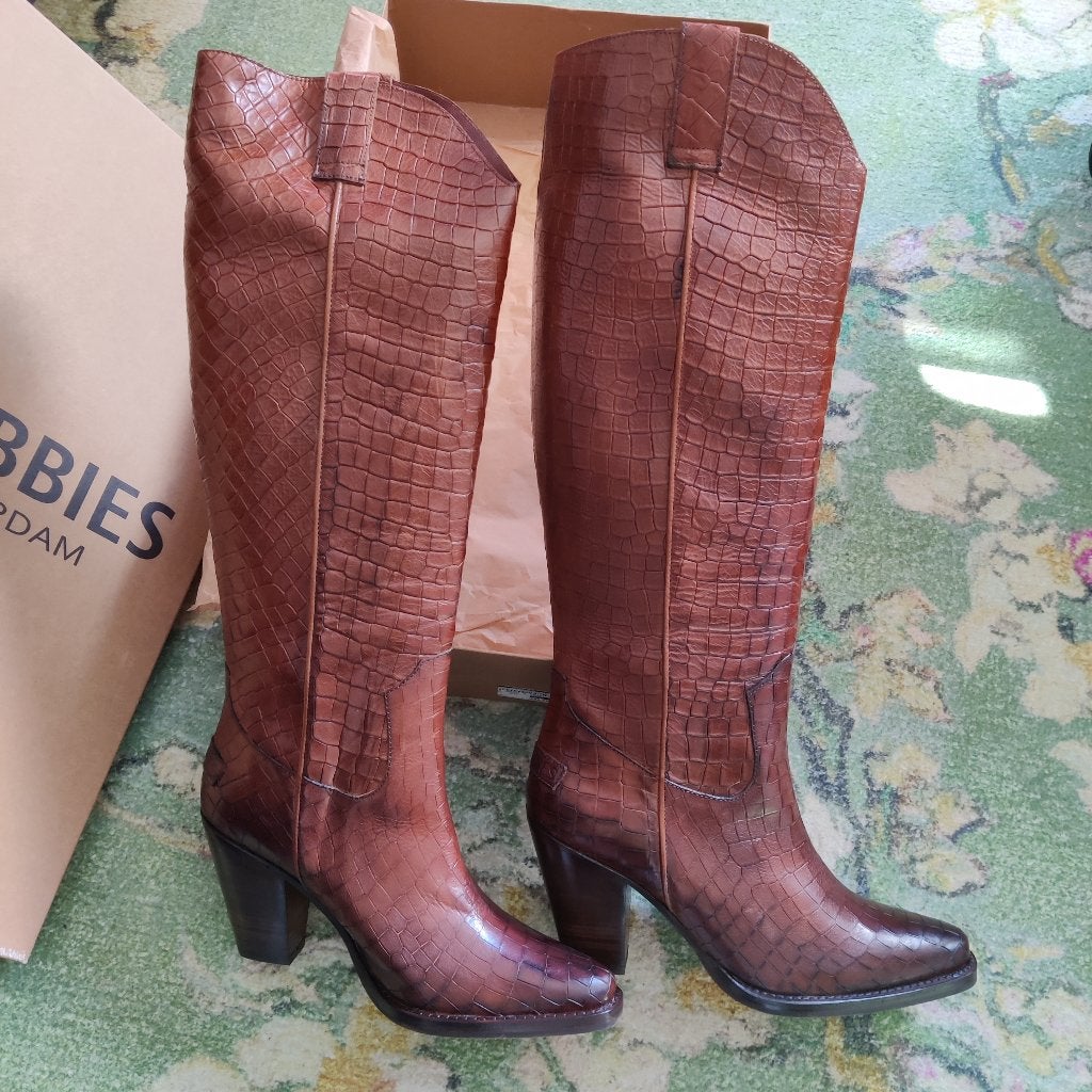 Nieuw: Shabbies laarzen cognac croco mt 41, Hoge laarzen, Nieuw, Ophalen of Verzenden, Bruin