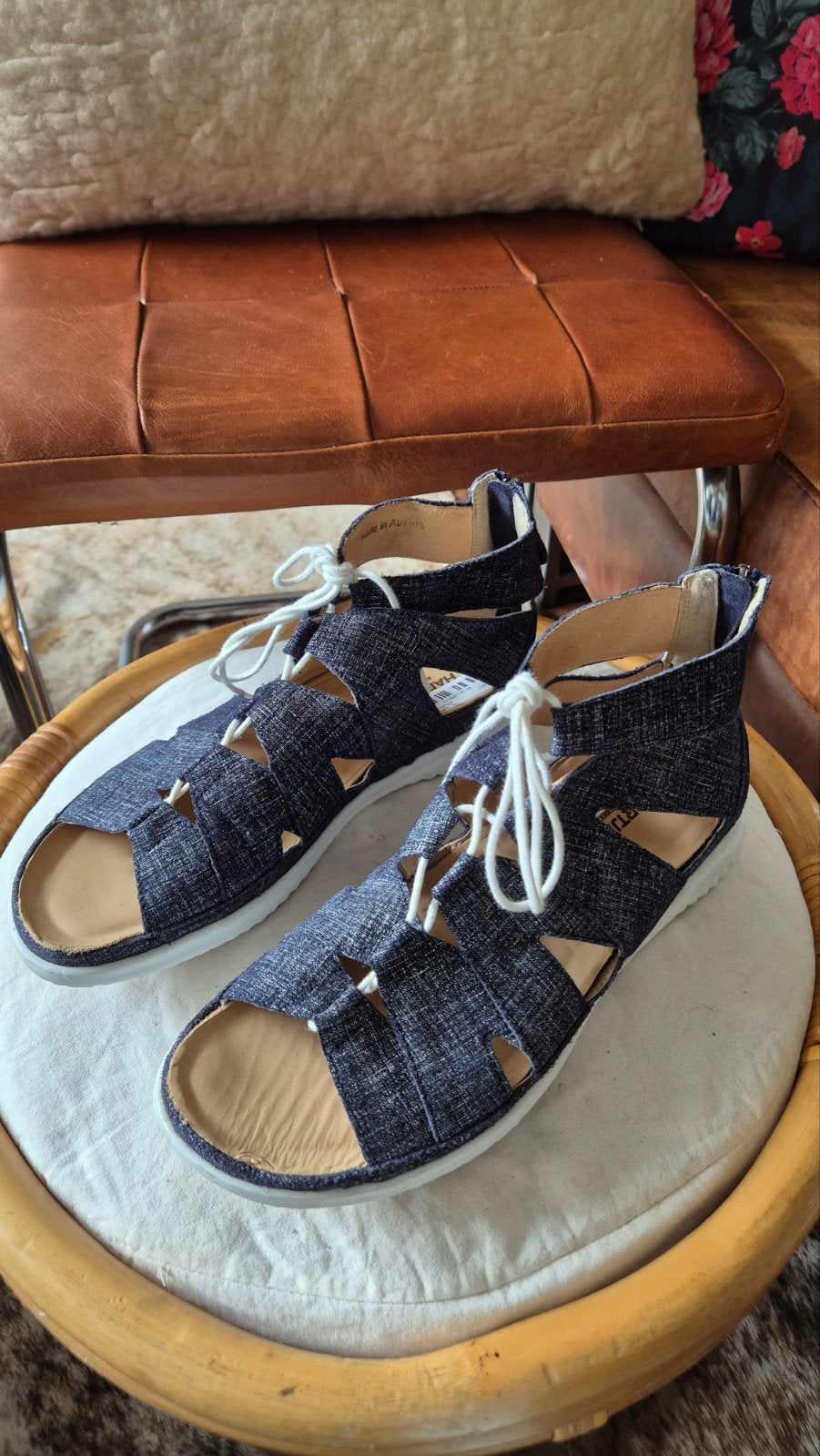 Nieuw staat Hartjes sandalen leer met stof mt 41, Blauw, Nieuw, Hartjes, Sandalen of Muiltjes