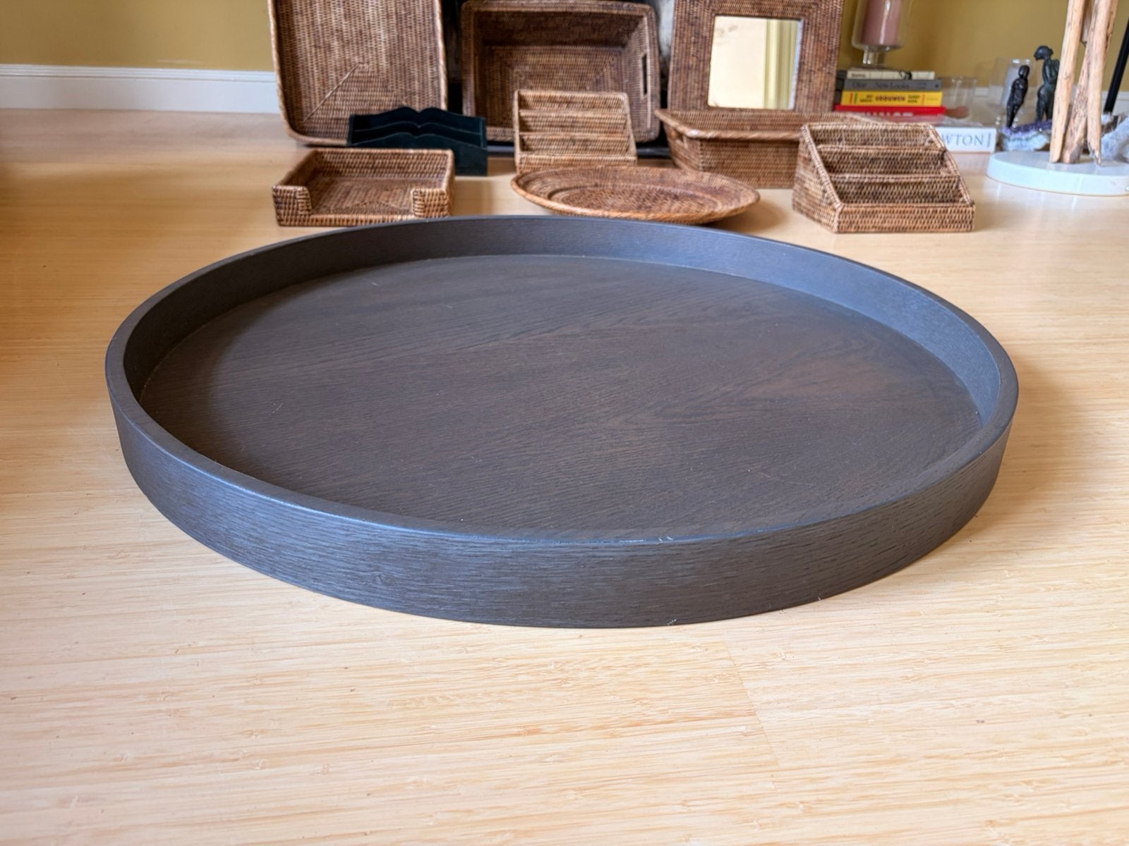 Mooie design houten blad! Grijs, Huis en Inrichting, Ophalen, Zo goed als nieuw, Rond, Riet