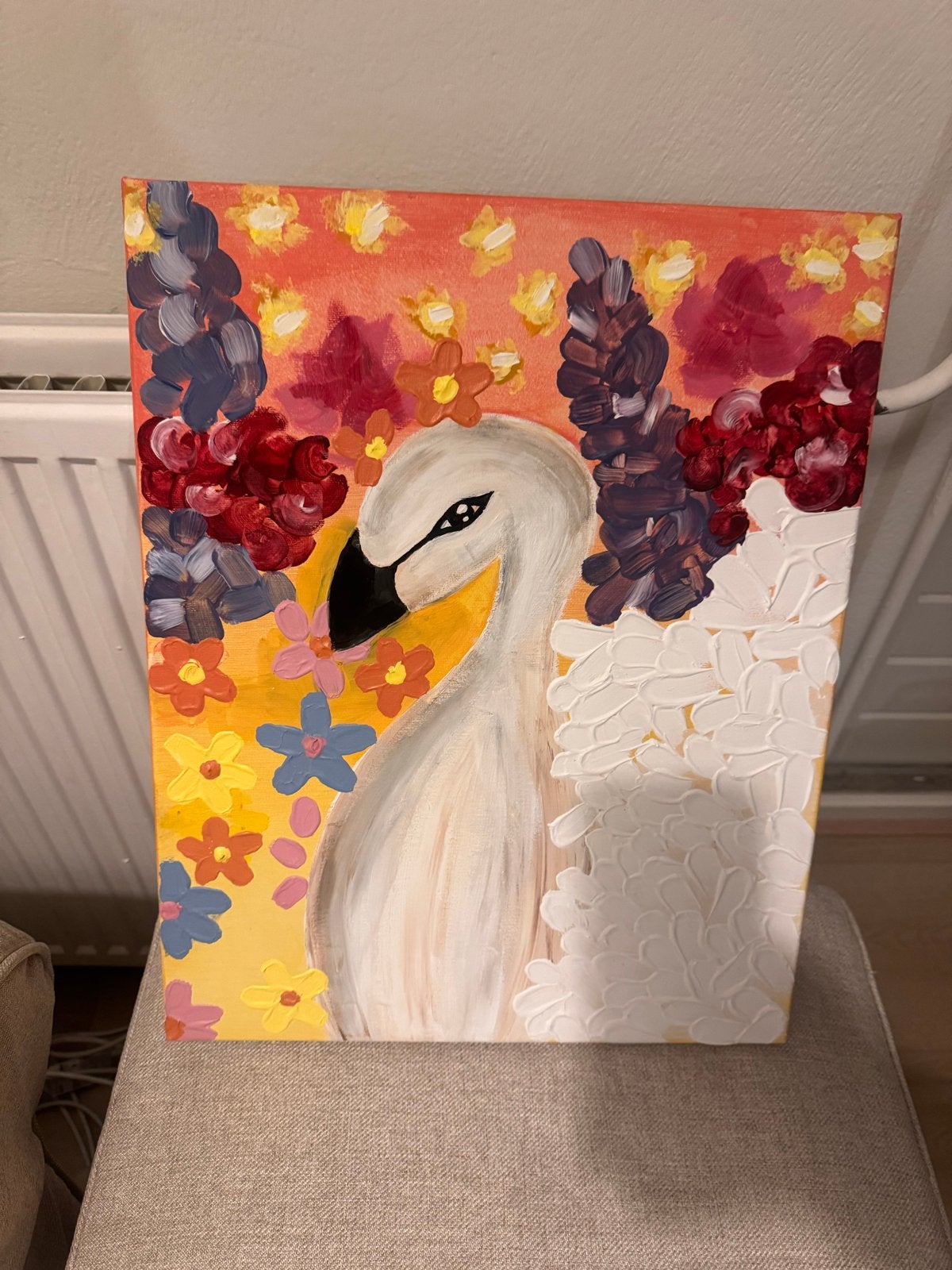 Schilderij Zwaan met Bloemen - Handgeschilderd Acryl, Acrylverf, Handgeschilderd, Ophalen of Verzenden, Dieren