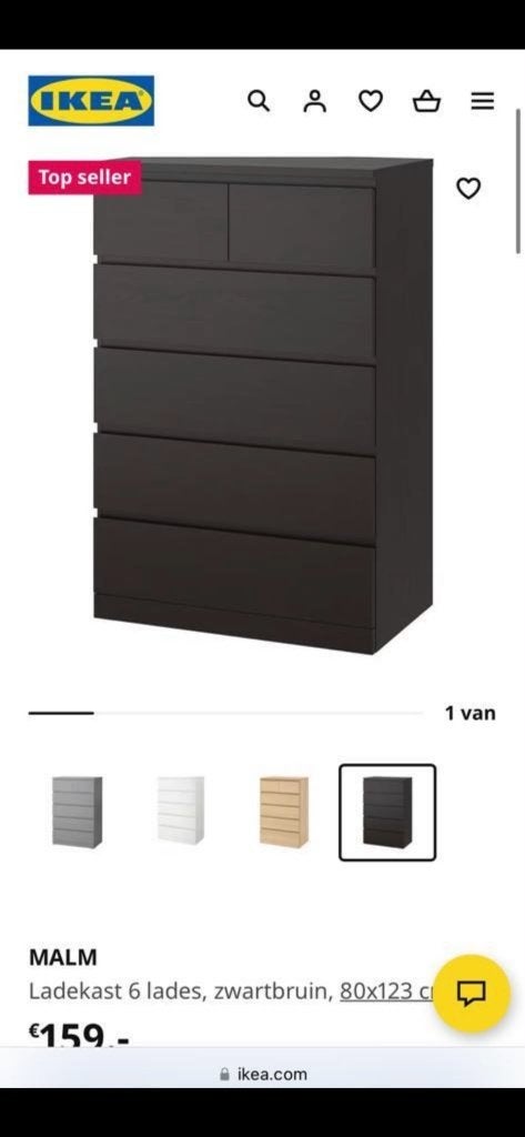 IKEA MALM Ladekast 6 lades zwartbruin, Ophalen, 5 laden of meer, 100 tot 150 cm, 50 tot 100 cm