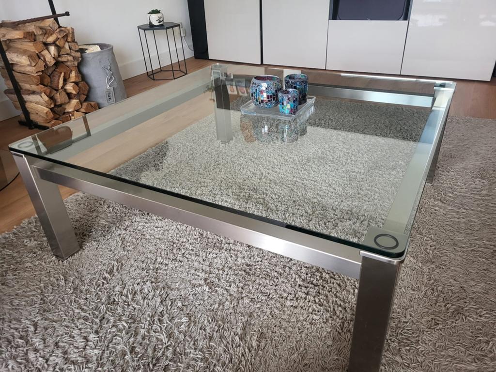 Luxe Salontafel Quattro - geborsteld nikkel - 12 mm glas, Ophalen, Vierkant, Modern, 100 tot 150 cm