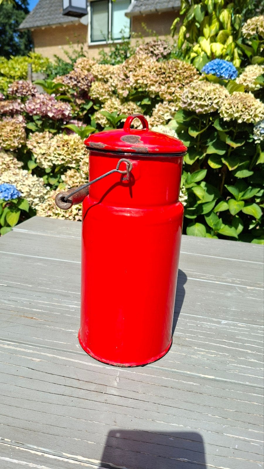 Vintage rode emaille melkbus met deksel, Ophalen of Verzenden