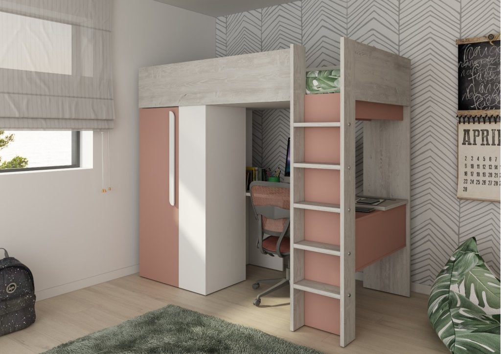 Studio 1809 hoogslaper met bureau en kast - 90x200 - Oudroze, Niet ingevuld, Niet ingevuld, Niet ingevuld