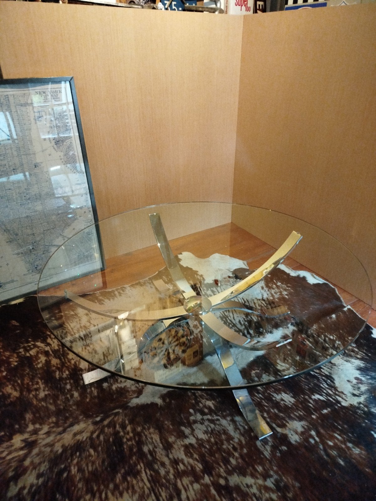 Vintage Space Age Salontafel met Glazen Blad en Chromen Voet, Ophalen, Gebruikt, 50 tot 100 cm, 100 tot 150 cm