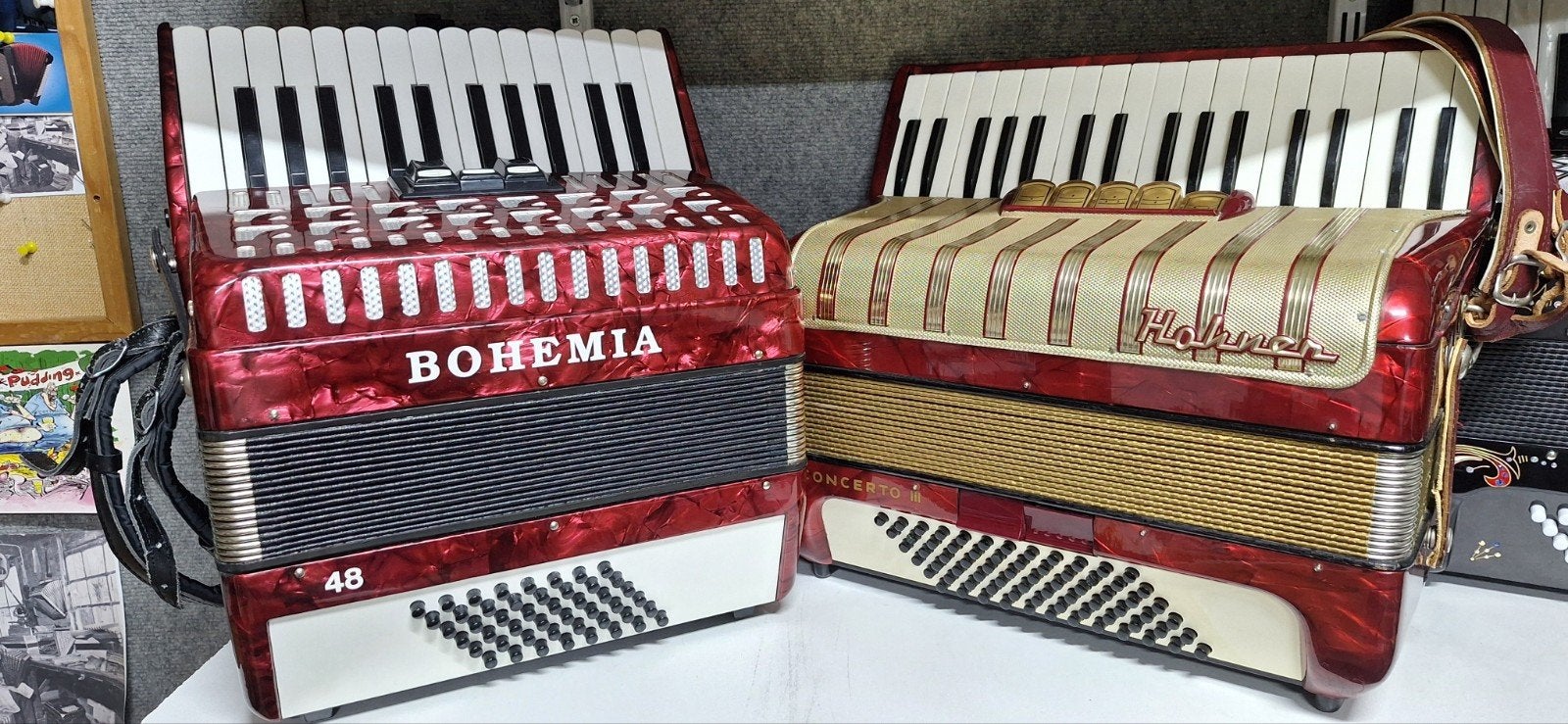 2 beginners accordeons: Hohner 72-bas en Bohemia 48-bas, Gebruikt, 72-bas, Met koffer, Hohner