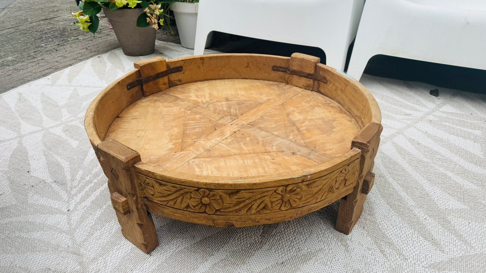 Salontafel india chakki maalsteentafel oud teak, Ophalen, Rond, 50 tot 100 cm