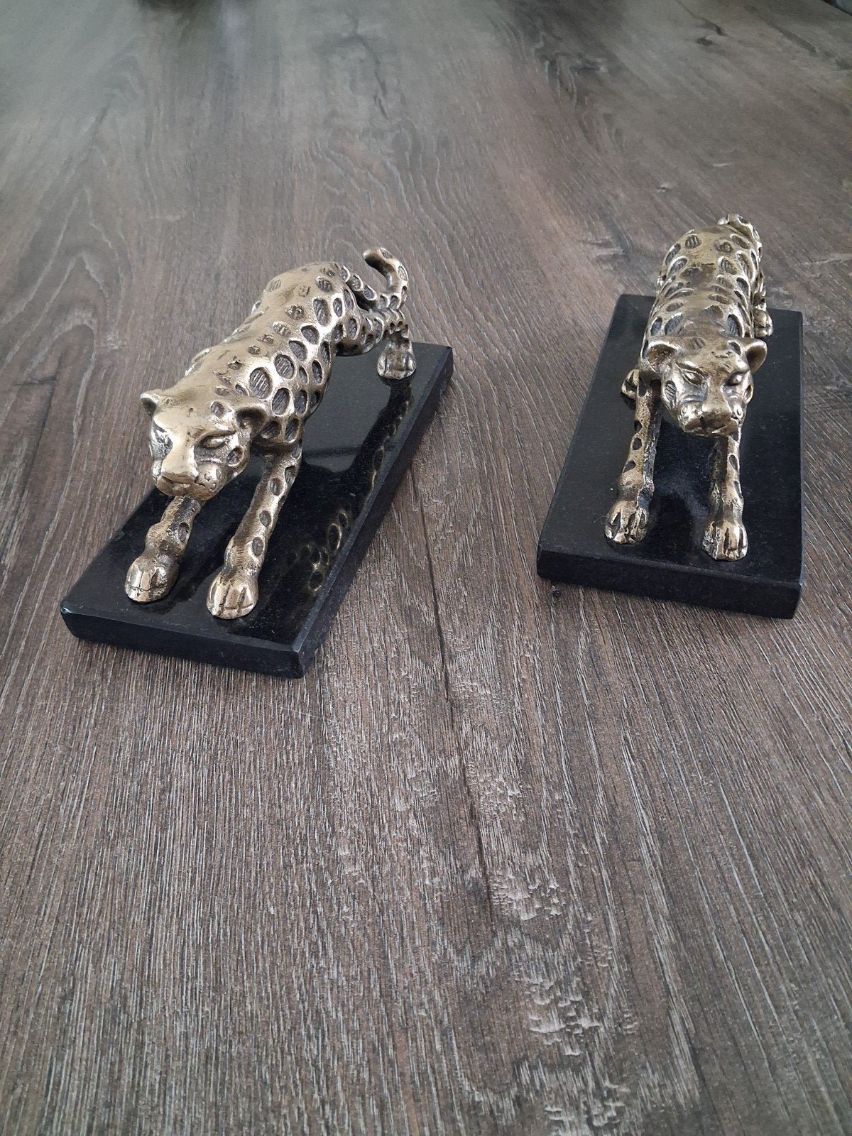 Set van 2 bronzen luipaard beelden op marmeren sokkel, Ophalen, Gebruikt, Goud, Metaal