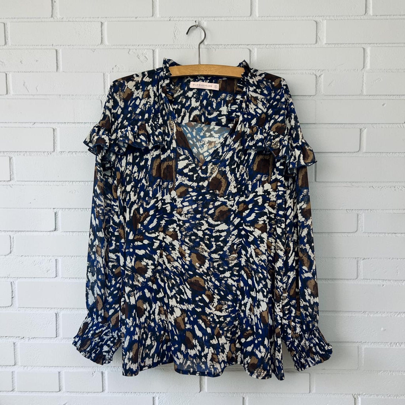 Studio Anneloes Blouse Maat S Blauw Bruin Wit Ruches, Zo goed als nieuw, S, S, Maat 36 (S)