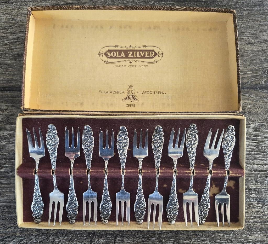 Vintage zwaar verzilverde Sola gebaksvorkjes, Antiek en Kunst, Ophalen of Verzenden