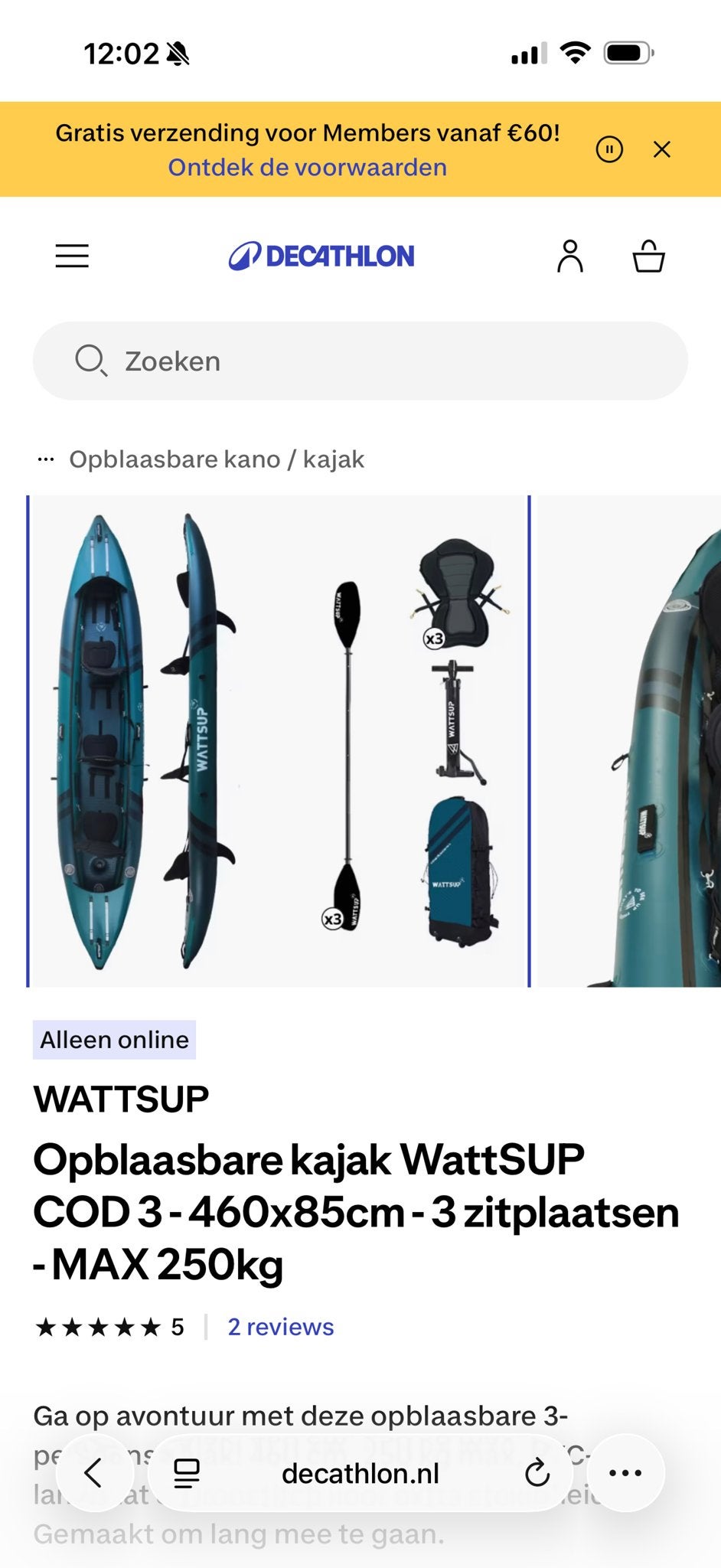 Kano/kajak - Wattsup COD 3 - 460x85cm - 3 zitplaatsen, Drie personen of meer, Kajak, Ophalen of Verzenden, Zo goed als nieuw