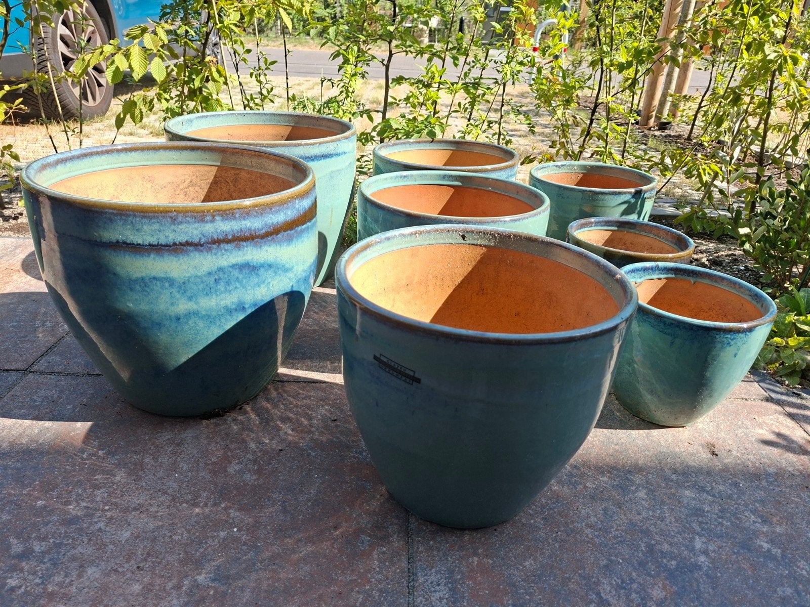 8 turquoise geglazuurde terraspotten in 4 verschillende mate, Tuin en Terras, Bloembakken en Plantenbakken, Ophalen, Steen, Minder dan 30 cm