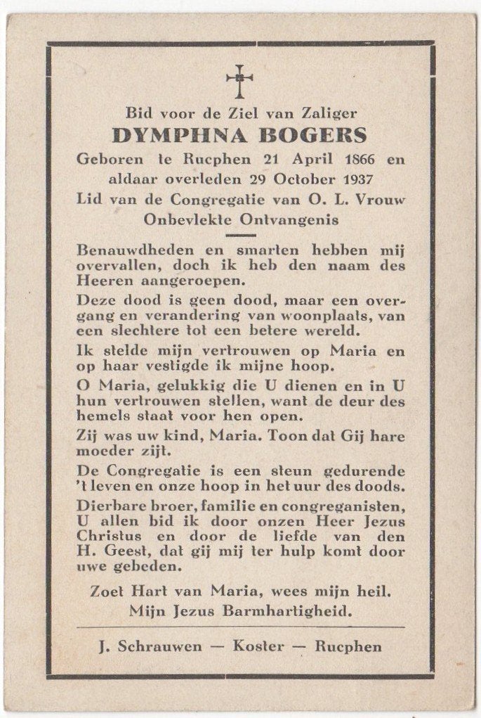 Dymphna Bogers 1866 Rucphen  1937 Rucphen, 71 jaar oud, Ophalen of Verzenden
