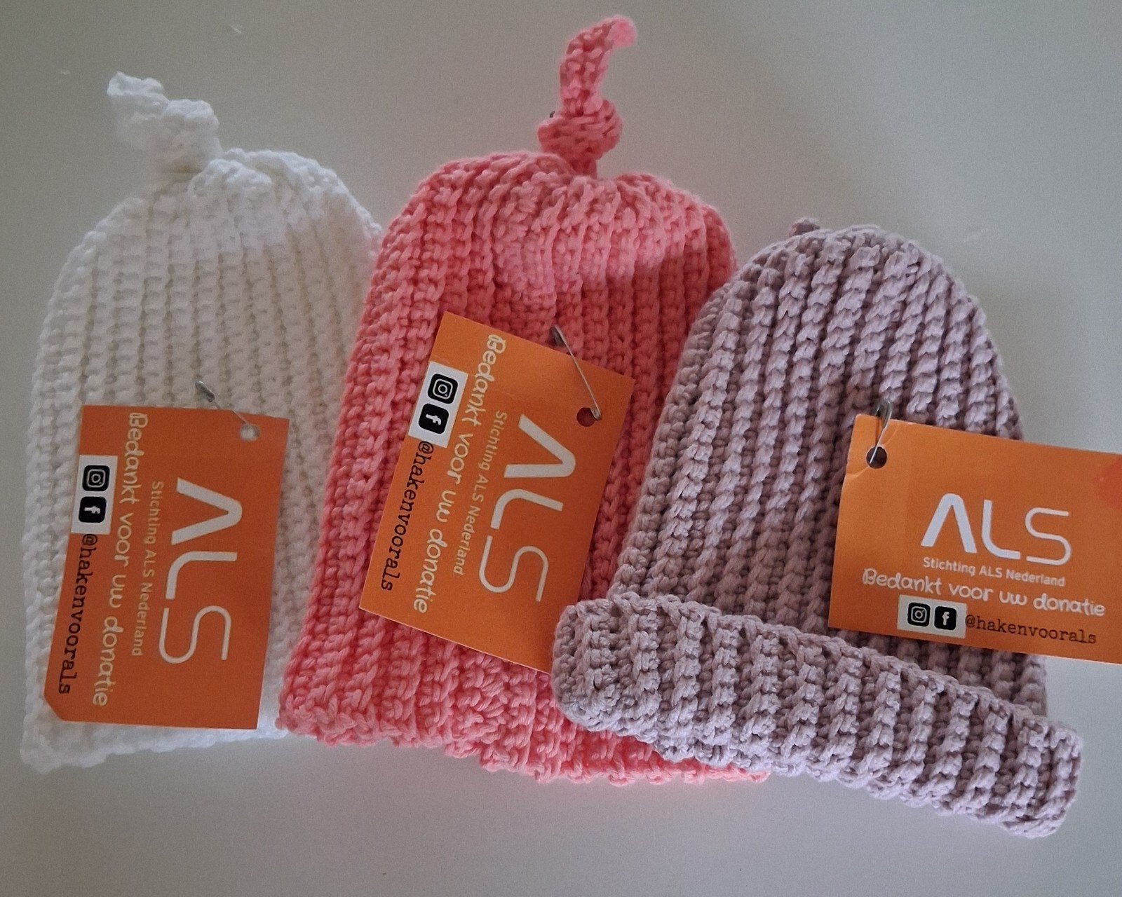 Gehaakte mutsjes voor baby's - Steun ALS Nederland, Jongen of Meisje, Handgemaakt, Nieuw, Ophalen of Verzenden