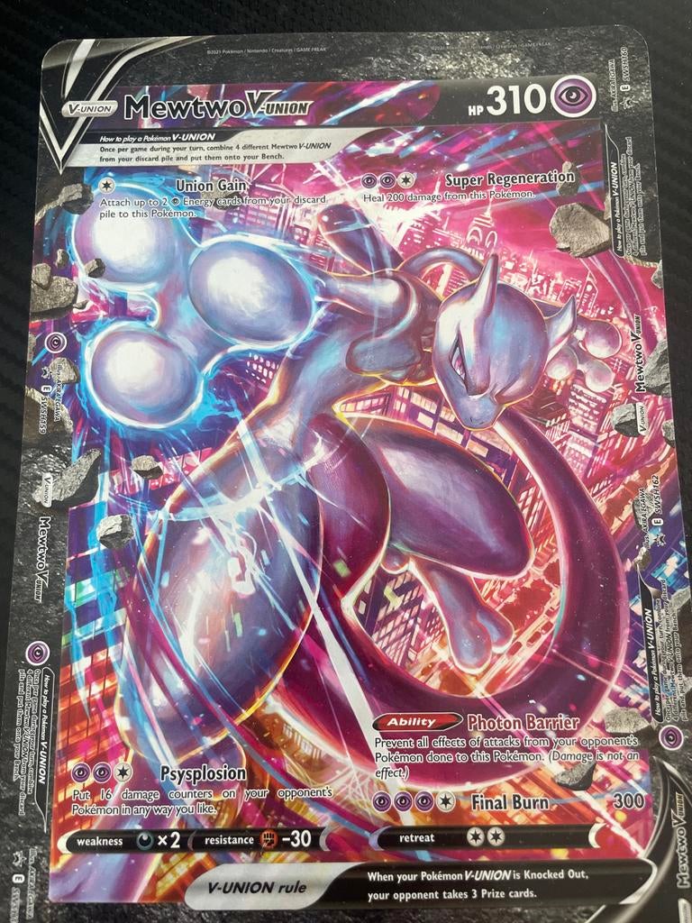 Mewtwo V-UNION Pokémon kaart - Zeldzaam, Ophalen of Verzenden, Zo goed als nieuw, Losse kaart