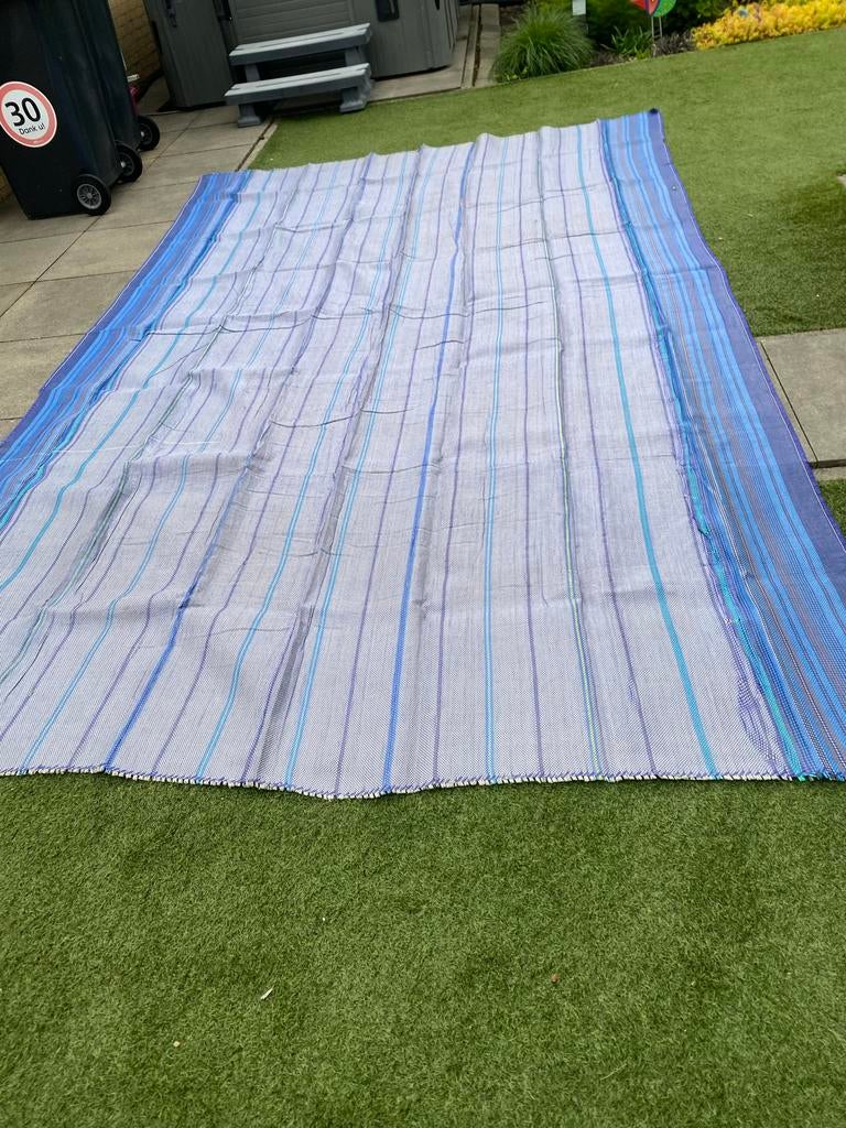Vloerkleed 2x4 m voortent/luifel blauw grijs geel gestreept, Caravans en Kamperen, Ophalen of Verzenden, Gebruikt