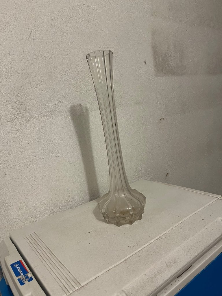 Bijzondere glazen soliflore vaas – geribbeld glas – vintage, Ophalen, Gebruikt, Transparant, Glas