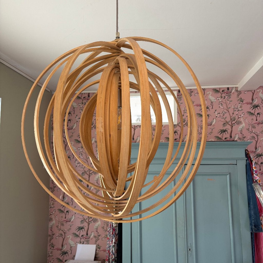 Hanglamp rond hout, Ophalen, E27 (groot), Zo goed als nieuw, Modern