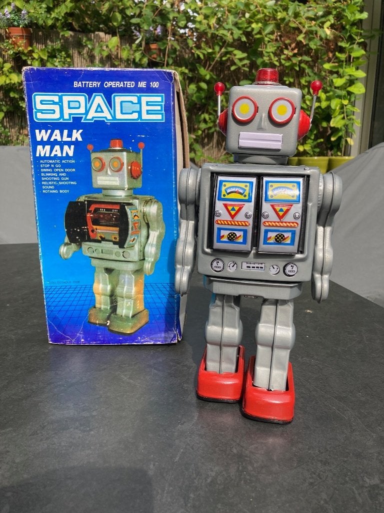 Battery operated blikken Space walk man robot ME 100 in doos, Antiek en Kunst, Ophalen of Verzenden