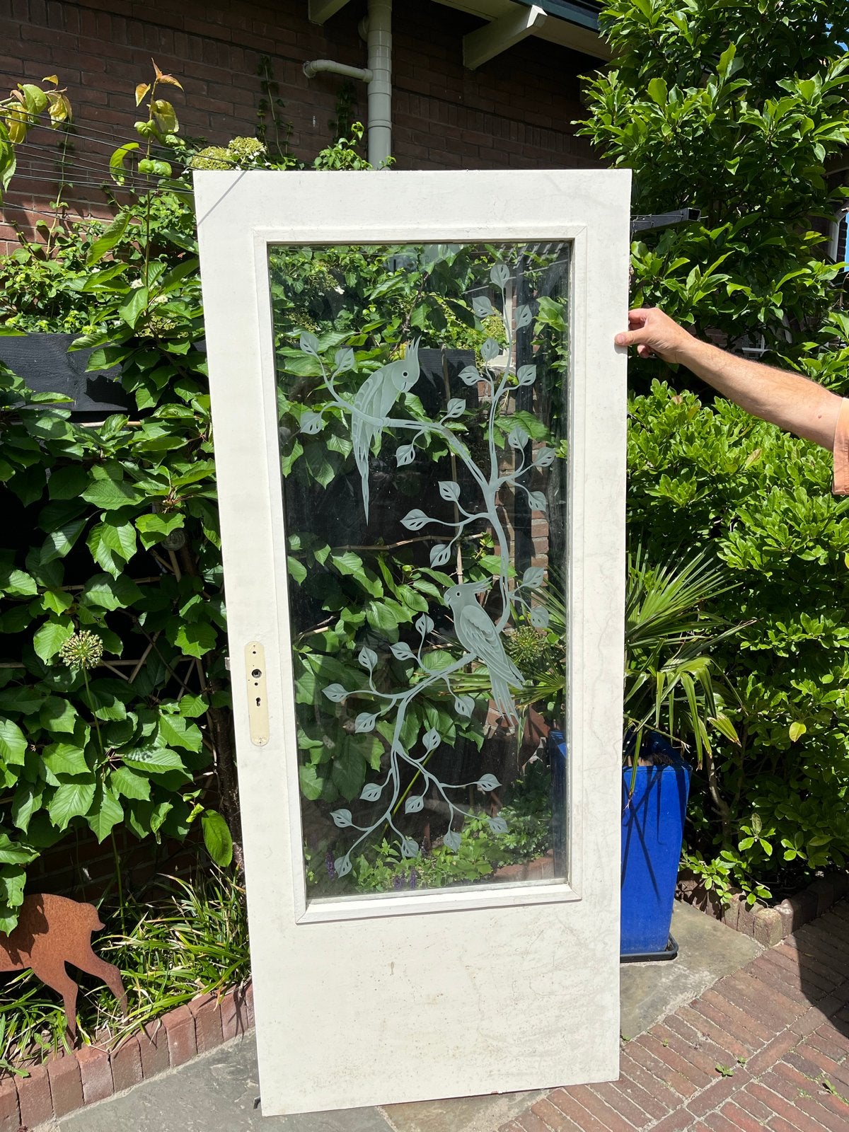 Stompe binnendeur met geslepen glas en vogelmotief, Ophalen, Gebruikt, 80 tot 100 cm, Binnendeur