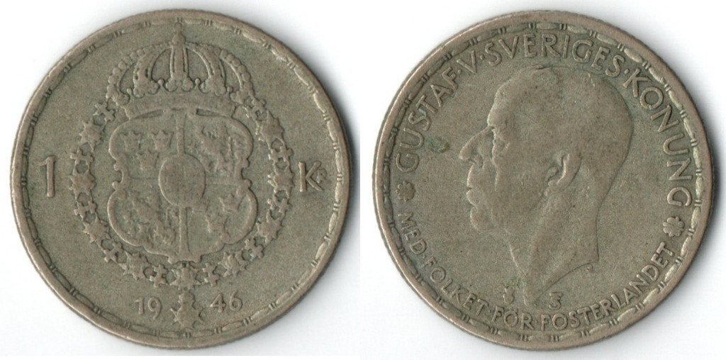 Zweedse 1 Kroon munt 1946 - Gustaf V, Verzenden, Overige landen, Losse munt, Zilver