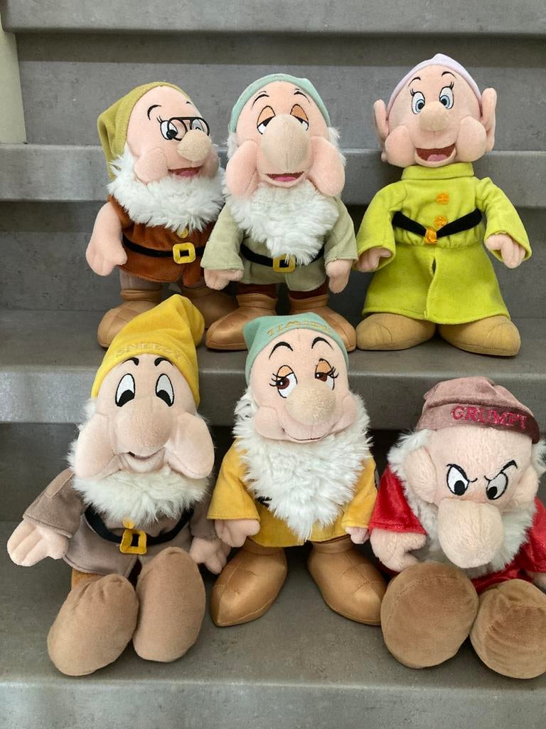 Disney pluche dwergen Dopey, Grumpy, Sleepy, Doc, Bashful, Disney, Disney, Overige typen, Ophalen of Verzenden