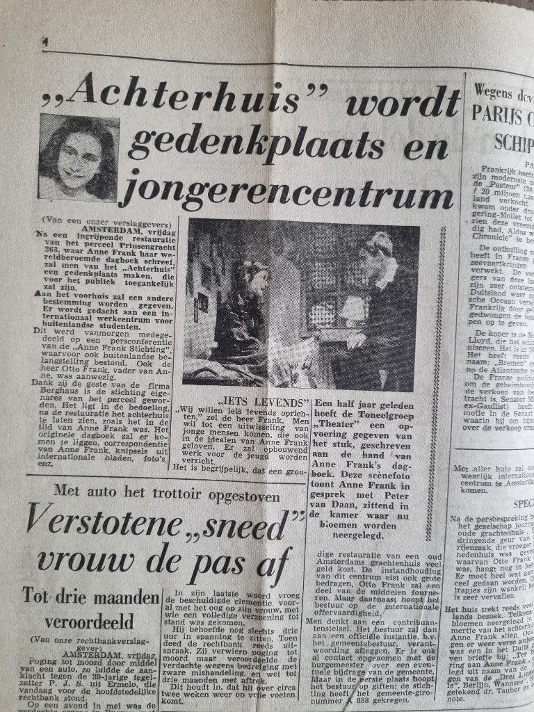 Achterhuis (Anne Frank) wordt gedenkplaats (1957), Ophalen of Verzenden, 1940 tot 1960, Knipsel(s)