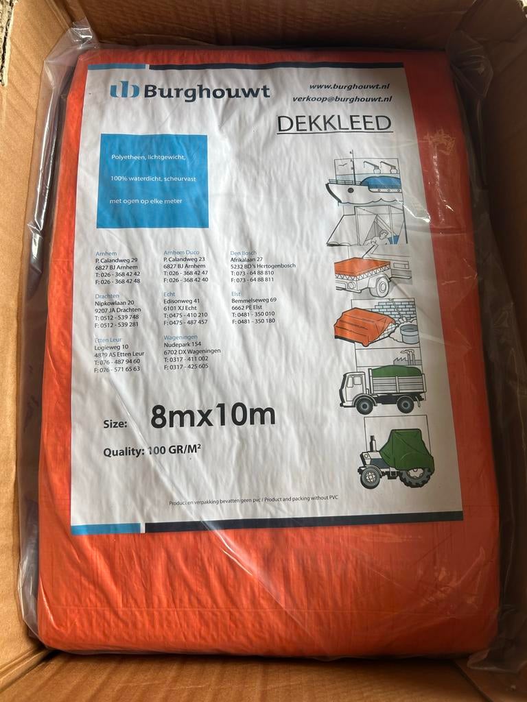 3 x Nieuw oranje dekzeil 8 x 10 m - Burghouwt Dekkleed, Ophalen, Zo goed als nieuw, 15 m² of meer, Zeil