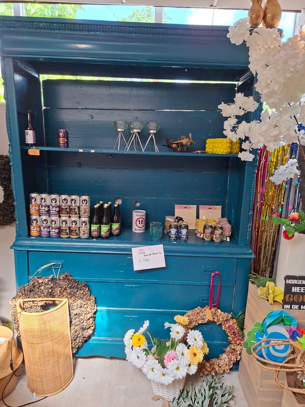 Vintage houten kast in tealblauw, Antiek en Kunst, Antiek | Meubels | Kasten, Ophalen