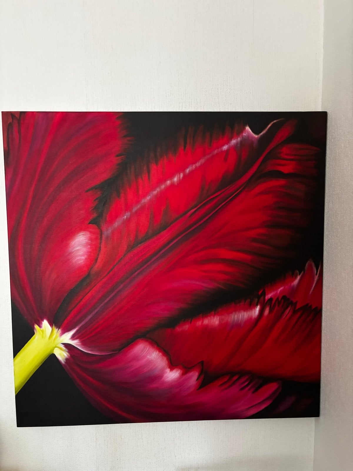 Schilderij Tulp 100x100cm - Levendige Rode Bloem, Antiek en Kunst, Kunst | Schilderijen | Modern, Ophalen, Handgeschilderd, Olieverf